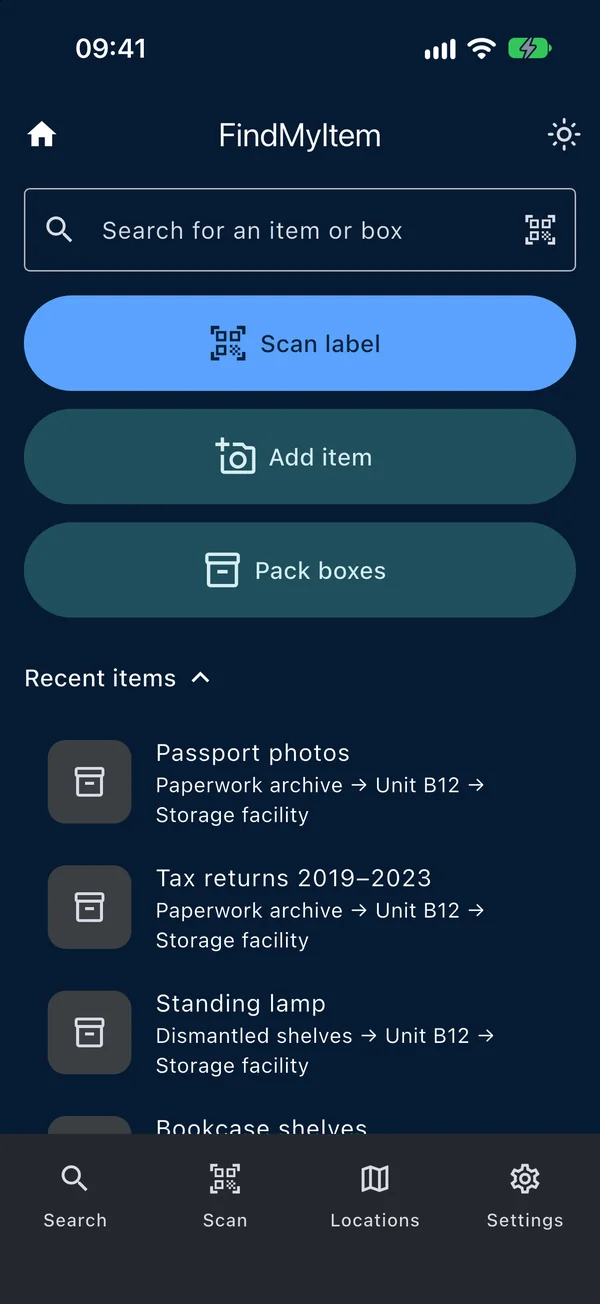 The FindMyItem home screen: a search box, a Scan label button, Add item and Pack boxes buttons, and a list of recent items with where each one is kept.