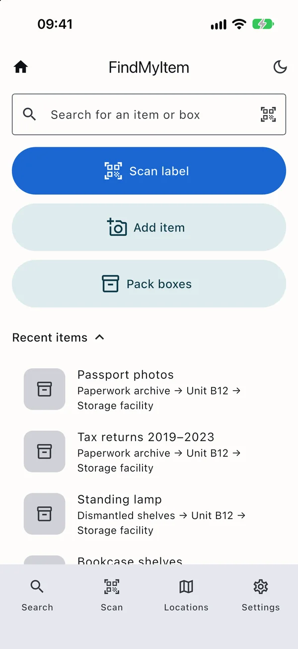 The FindMyItem home screen: a search box, a Scan label button, Add item and Pack boxes buttons, and a list of recent items with where each one is kept.