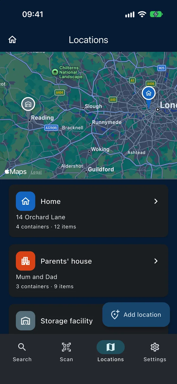 The Locations screen: a map with a pin for each place, and cards for Home, Parents&rsquo; house and a storage facility showing how many containers and items each holds.