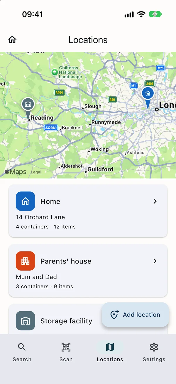 The Locations screen: a map with a pin for each place, and cards for Home, Parents&rsquo; house and a storage facility showing how many containers and items each holds.